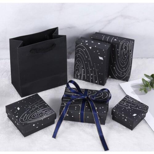 Hot Silver Dreamy Star Black Gift Box Jewelry Packaging Box Gift Bag Earrings Necklace Bracelet Carton With Blue Gold Ribbon
