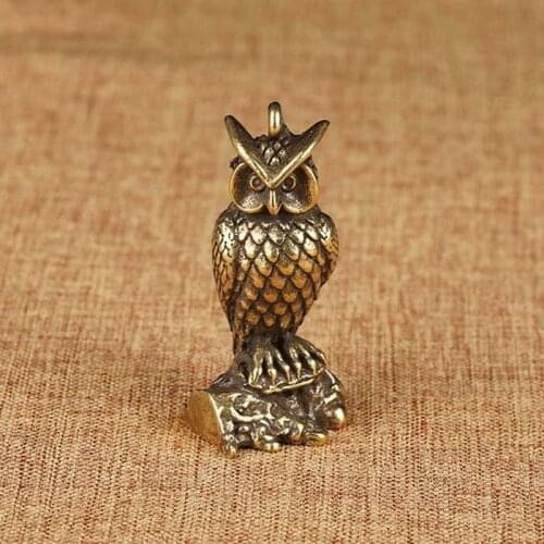 Chinese Antique Collection Pure Copper Solid Standing Owl Keychain Pendant