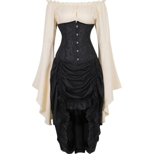 Corset Underbust with Pirate Skirt and Blouse Vintage Retro Jacquard Korsage Sexy Bustier Carnival Party Costume Steampunk