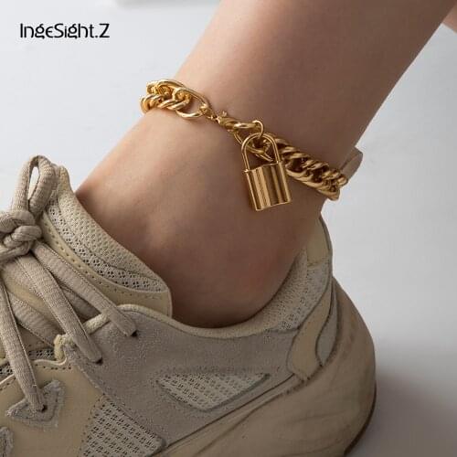 IngeSight.Z Goth Chunky Thick Curb Cuban Anklets Bracelets Charm Padlock Pendant Anklets On Foot Barefoot Sandals Ankle Jewelry