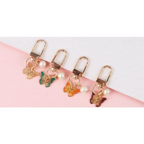 Fashion Alloy Butterfly Pearl Keychain Animal Jewelry Gift Women Girl Car Bag Earphone Case Pendant Key Chain Exquisite Trinket
