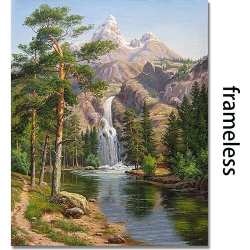 Frameless Mountain Waterfall DIY Digital Oil Painting By Numbers Canvas Wall Picture Decor Wall Artwork for Adults Beginner