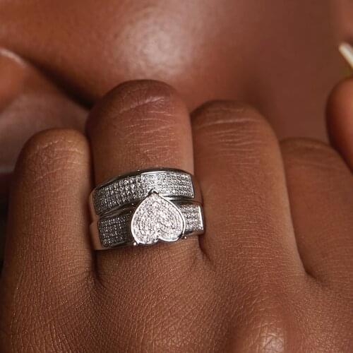 Micro Pave CZ Heart Shaped Wedding Engagement Ring Set Silver Color 2 PCS Full Finger Jewelry For Women Girlfriend