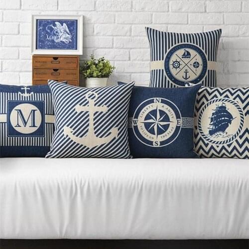Nordic Style Sea Blue Compass Printed Cushion Cover Anchor Pattern Marine Ship Decorative Throw Pillow Case Almofadas Cojines