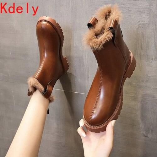 Autumn and Winter Womens Boots Plush Warm Martin Boots Chelsea Shoes Solid Leather Brown Black Boots Women Plus Size 35-40