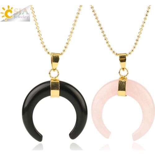 CSJA Reiki Natural Gems Stone Necklaces Pendant for Women Pink Crystal Quartz Black Agates Crescent Moon Gold Color Jewelry S457