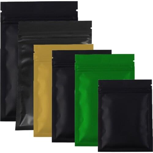 Various Sizes 100pcs/lot Black Gold Green Colors Zipper top Packing bag Flat Metallic Mylar Zip lock Storage Bag for food tea