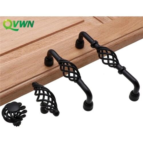 QVWN Black Bird Cage Handle Hollow European Handle Single Hole Cabinet Knobs And Wardrobe Door Knob Handle American Furniture