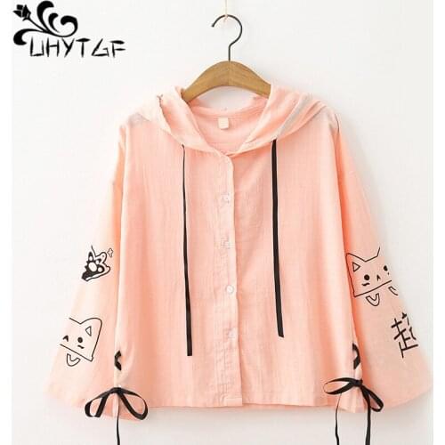 UHYTGF Loose plus size sun protection clothing hooded printing breathable summer jacket fashion Bandage thin top short coat 1706