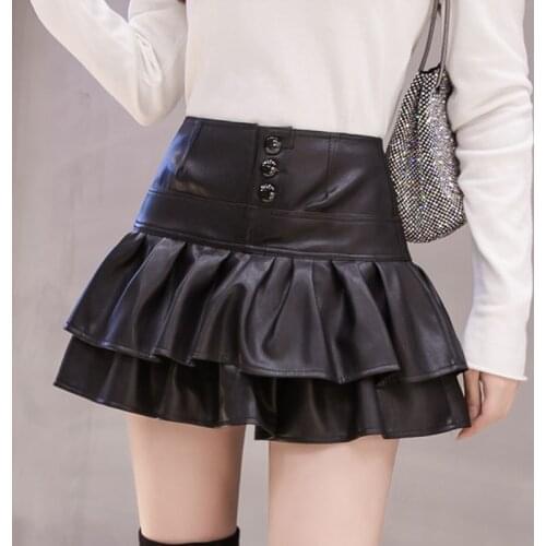Red Sexy Slim Leather Ball Gown Mini Skirt For Women 2020 High Waist Winter Ruffle Short PU Skirts Ladies Cake Saias