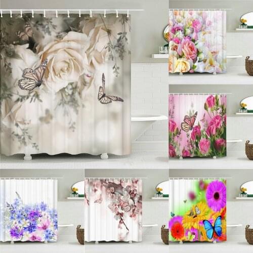 Colorful Beautiful Fresh Flowers Shower Curtain Bathroom Waterproof Polyester Butterfly 3D Print Curtains for Bathroom Shower