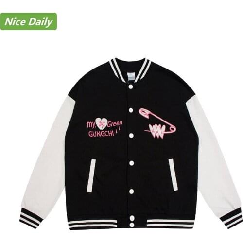 NiceDaily Autumn Winter Women Jacket Cartoon Love Clip Embroidery Color Matching Sleeves Couple Baseball Uniform Jacket Sports