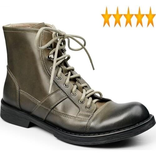 Ankle Retro Genuine Leather Shoes Men Round Toe Lace Up Army Green Cowboy Autumn Winter Mens Motorcycle Short Boots