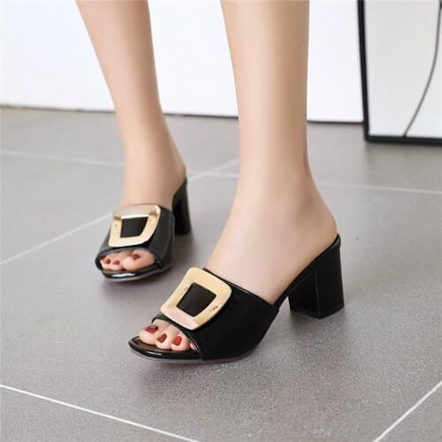 YQBTDL Fashion Women Plus Size Shoes Summer Metal Decor Patent Pu Leather Blcok High Heel Slides Black Pink Womens Slippers 42