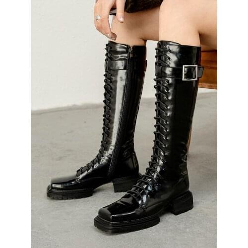 Stylish Autumn Winter Square Toe Chunky Platform Handmade Genuine Leather Cross Tied Thick Heel Buckle Strap Women long Boots