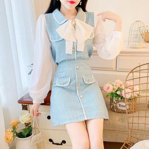Womens Sweet Square buckle Plaid Two piece Set 2020 Winter New Bow Lace up Chiffon Puff Sleeves Patchwork Shirt + Skirt Sets