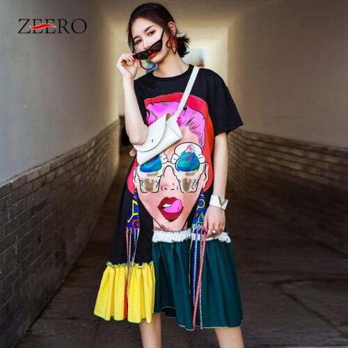 2020 Summer Streetwear 3d Cartoon Ribbon Sequins Print Ruffles Sleeve Tassel T Shirt Dresses Plus Size Women Casual Black Dress