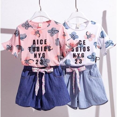 2021 New Summer Casual Children Sets printing Short-sleeved+ Denim Short Girls Clothing Sets Kids Summer Suit For 3-12 Years