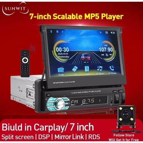 7 Inch Carplay 1Din Car Radio Multimedia MP5 Player With Bluetooth DSP Android 10.0 Stereo Receiver with Screen Free Rear Camera