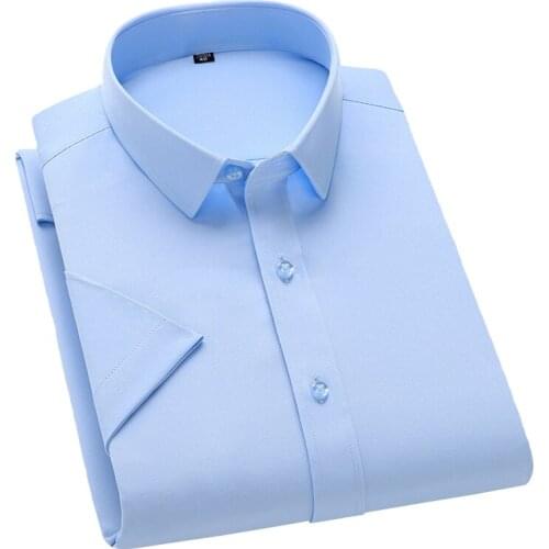 AOLIWEN brand men business casual blue solid color stretch shirt S-4XL summer button trend silky breathable office slim shirts