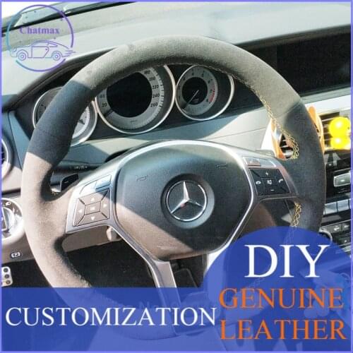 For Mercedes-Benz AMG GLA45 2015 Top All Black Suede Leather Steering Wheel Yellow Red Blue Stitch on Wrap Cover