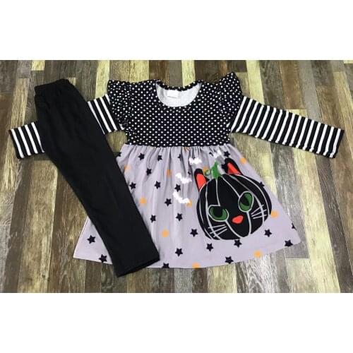 Childrens clothing boutique Halloween girl polka dot black cat cartoon pattern striped long sleeve dress suit