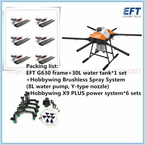 EFT new G630 six-axis 30L 30kg agricultural spray drone frame kit 8L brushless water pump with Hobb ywing X9 PLUS power system