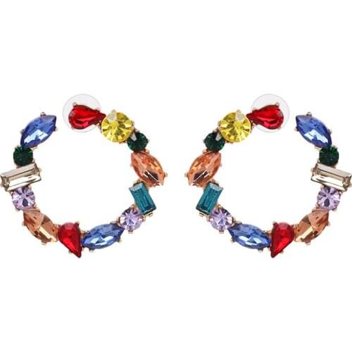 Round Hoop Drop Earrings Colorful Rhinestone Cluster Big Disk Stud Women Bijoux