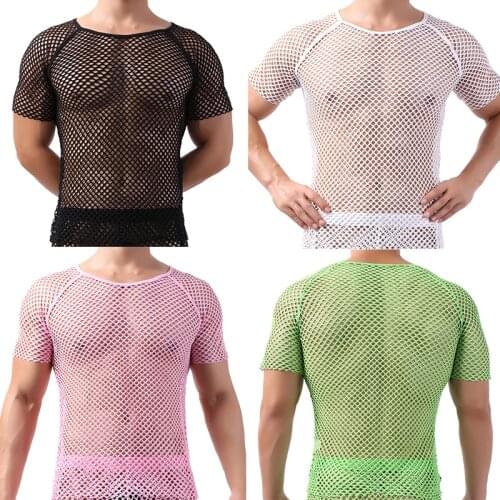 Men Undershirts Mesh Transparent Shorts Sleeve T-shirts Sexy Fishnet Shirt Tee Sheer Sleepwear Slip Homme Sports Causal Camiseta