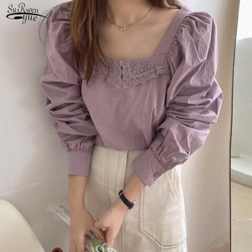 Gentle Purple Solid Cotton Retro Blouse Women French Vintage Lace Stitched Square Collar Bubble Long Sleeve Shirt Blusas 14304