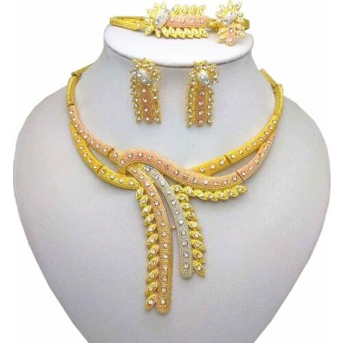 Wholesale African Costume Gold Color Jewelry Set Nigerian Wedding Imitate Crystal Necklace Bracelet Earring Ring Sets