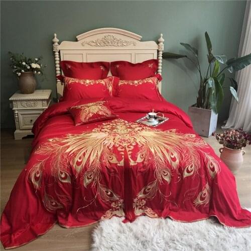 Luxury Embroidered Egyptian cotton Royal Bedding sets Queen King red Wedding Duvet cover Bed sheet set Pillowcases 4/6pcs