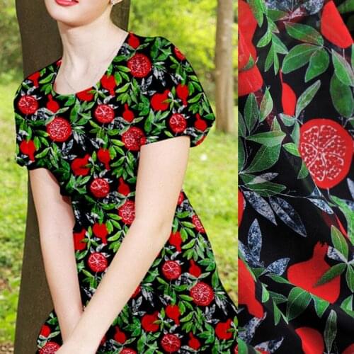 135CM Wide 12MM Red Fruits Print Thin Black Silk Georgette Fabric for Summer one-piece dress Shirt Clothes J122