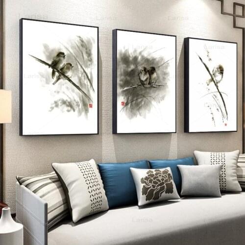 Modern Minimalist Chinese Zen Ink Painting On Canvas Mural Prints Black and White Picture Bird Lotus Poster Wall Art Home Decor