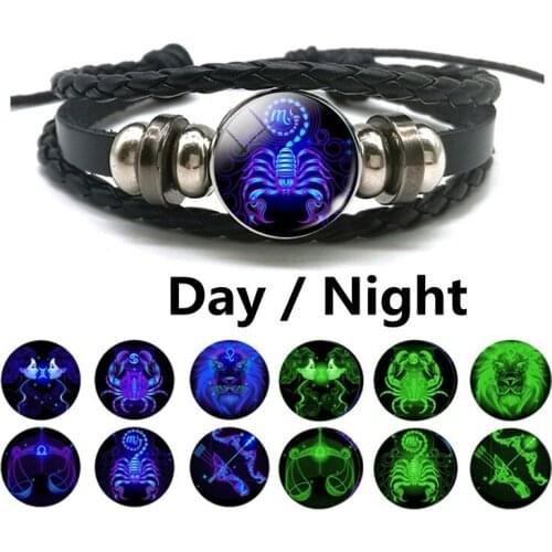 New 12 Constellation Luminous Bracelet Men Leather Bracelet Charm Bracelets for Men Boys Women Girl Jewelry Accessories Gifts