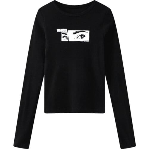 Slim Girls Soft Cotton O Neck Shirt 2021 Spring-autumn Fashion Ladies Office Women Eye Print Black Base Shirt Top