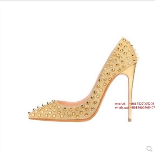 Gold Rivets Pointed Toe High Heels Fashion PU Leather Stiletto High Heels Pumps Yellow Wedding Bridal Slip-on Rivets Shoes