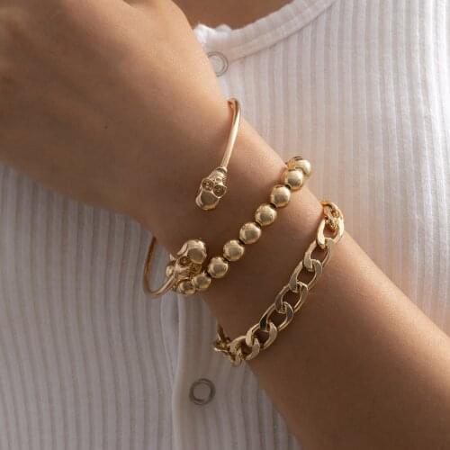 European and American simple jewelry with hip-hop opening adjustable skull and round bead chain cool CCB set bracelet for female