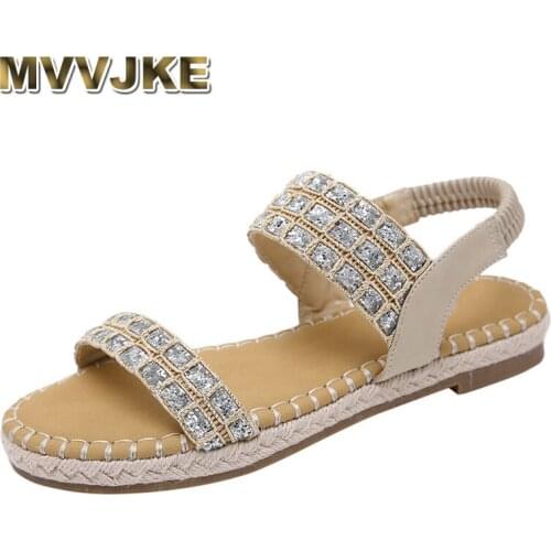 MVVJKE Women Bohemian Sequin Hemp Cord Large Size Buckle Beach Roman Comfortable And soft Casual Sandals Shoes Lightweight