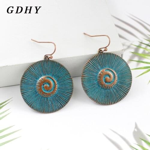 GDHY Antique Bronze Copper eddy Round Round Drop Earrings For Women Boho Spiral Texture Disc Water Ripple Dangle Hanging Earring