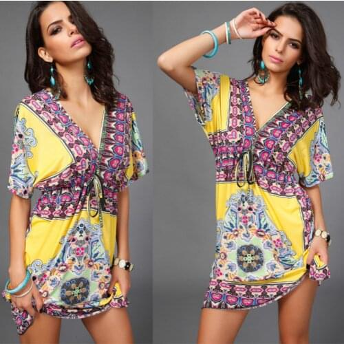 2019 Women Summer Sexy Bohemian Style Dress Fashion New Vestido V-Neck Batwing Sleeve Large Size Short Dresses Loose Beach Jurk