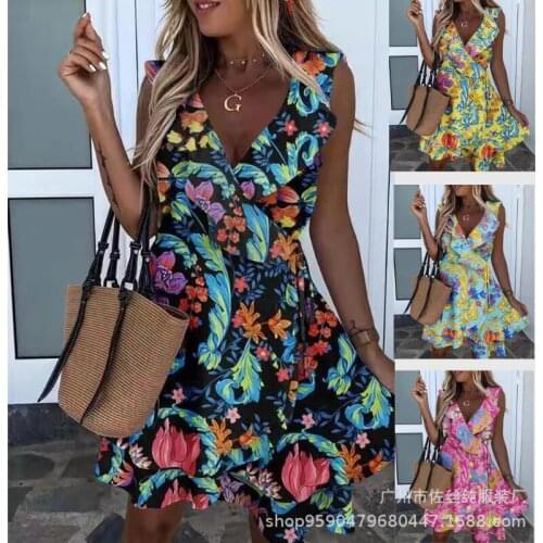 New Casual Print Dress Female V-neck Sleeveless Strappy Beach Dress Summer Bohemian Dress Female Plus Size Dress