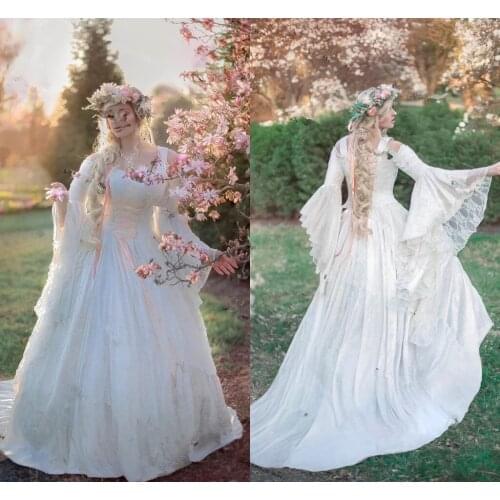 2022 Ivory Fairy Medieval Lace Wedding Gowns Off Shoudler lace-up corset boho plus size Bridal Party Dresses Vestidos De Novia