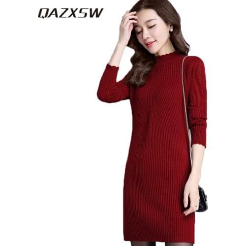 QAZXSW 2019 Autumn Winter Knitted Dress Women Mini Woolen Dress Turtleneck Casual Large Size Pullover Vestidos Feminina HB480