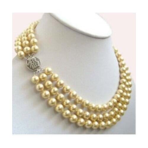 3 Rows Yellow Shell Pearl Silver Fortune Clasp pendant Necklace