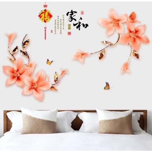 3D Chinese Style Large Wall Stickers Flowers Sofa TV Backdrop Decor Living Room Bedroom Home Decals Poster