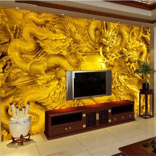 Beibehang golden dragon 3d wallpaper custom mural 3 d riches and honor peony water rocks painting photo 3d wall murals wallpaper
