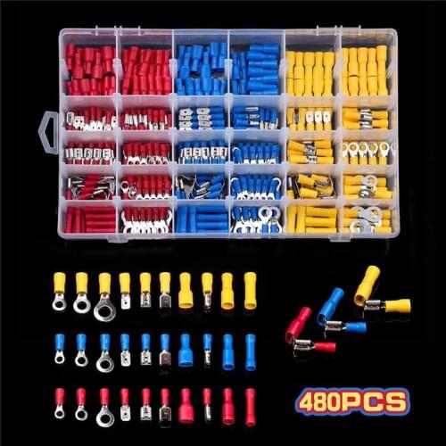 480Pcs Electrical Wire Connectors Crimp Terminals Mixed Insulated Spade/Ring/Bullet/Piggy Back Crimping Terminal Assorted Kits