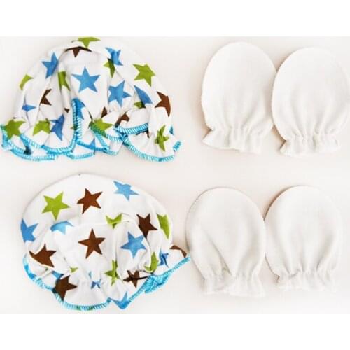 4pce Baby Anti Scratching Soft Cotton Gloves Foot Cover Hat Set Comfy Mittens Socks Cap Kit Toddler Newborn Accessorise for 0-1M