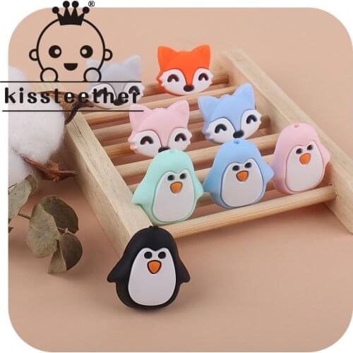 Kissteether 5pcs Cartoon Beads Car PenguinIce Cream Fox SIlicone Teething Accessories Dummy Holder Decorate Mini Rodent Teether
